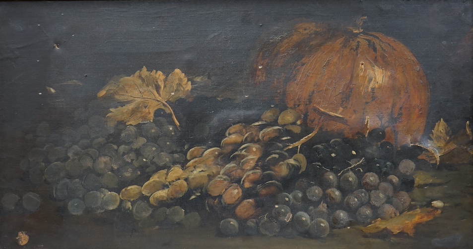 19th century School, oil on canvas, Still life of grapes and a pumpkin, Christie's stencil I39JL verso, unsigned, 39 x 75cm. Condition - poor